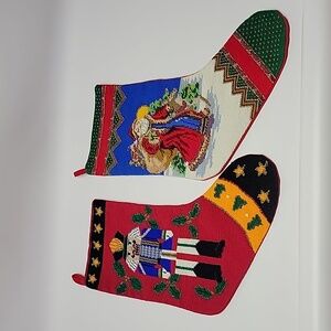 Vintage needlepoint beaded stocking Santa nutcracker set Christmas